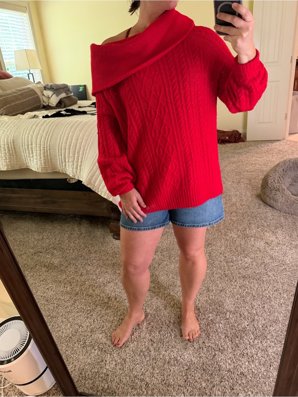 H&M Red Off-the-Shoulder Cable Knit Oversized Sweater